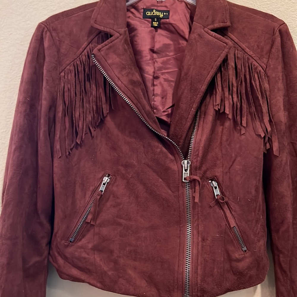 AUDREY brown suede feel fringe jacket. Moto style.